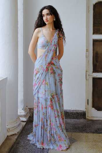 Aangan By Parul Sky Blue Silk, Chiffon V-neck Elodie Flow Printed Pre-draped Saree With Blouse Online at Aza Fashions Aangan By Parul_Sky Blue Silk, Chiffon V-neck Elodie Flow Printed Pre-draped Saree With Blouse _Online_at_Aza_Fashions