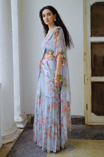 Buy Aangan By Parul Sky Blue Silk, Chiffon V-neck Elodie Flow Printed Pre-draped Saree With Blouse Online at Aza Fashions Buy_Aangan By Parul_Sky Blue Silk, Chiffon V-neck Elodie Flow Printed Pre-draped Saree With Blouse _Online_at_Aza_Fashions