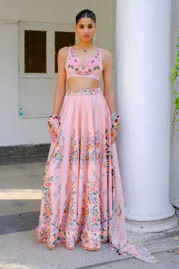 Buy Aangan By Parul Pink Silk, Chiffon V-neck Esme Enchanted Printed Lehenga And Blouse Set Online at Aza Fashions Buy_Aangan By Parul_Pink Silk, Chiffon V-neck Esme Enchanted Printed Lehenga And Blouse Set _Online_at_Aza_Fashions