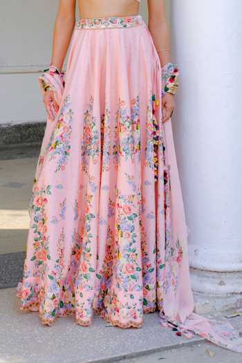 Shop Aangan By Parul Pink Silk, Chiffon V-neck Esme Enchanted Printed Lehenga And Blouse Set Online at Aza Fashions Shop_Aangan By Parul_Pink Silk, Chiffon V-neck Esme Enchanted Printed Lehenga And Blouse Set _Online_at_Aza_Fashions
