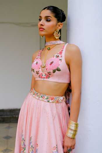 Aangan By Parul Pink Silk, Chiffon V-neck Esme Enchanted Printed Lehenga And Blouse Set at Aza Fashions Aangan By Parul_Pink Silk, Chiffon V-neck Esme Enchanted Printed Lehenga And Blouse Set _at_Aza_Fashions