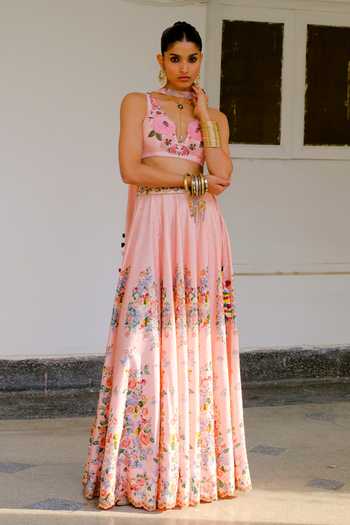 Buy Aangan By Parul Pink Silk, Chiffon V-neck Esme Enchanted Printed Lehenga And Blouse Set Buy_Aangan By Parul_Pink Silk, Chiffon V-neck Esme Enchanted Printed Lehenga And Blouse Set