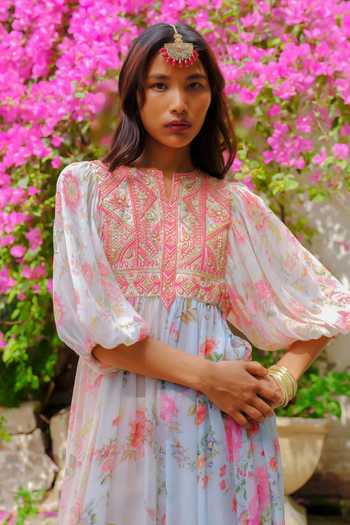 Aangan By Parul Pink Silk, Chiffon Round Neck Siena Printed Kurta And Pant Set Online at Aza Fashions Aangan By Parul_Pink Silk, Chiffon Round Neck Siena Printed Kurta And Pant Set _Online_at_Aza_Fashions