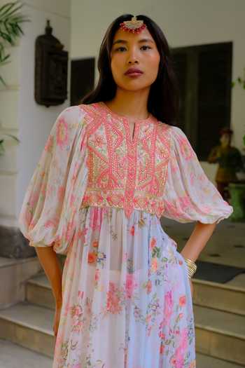 Aangan By Parul Pink Silk, Chiffon Round Neck Siena Printed Kurta And Pant Set at Aza Fashions Aangan By Parul_Pink Silk, Chiffon Round Neck Siena Printed Kurta And Pant Set _at_Aza_Fashions