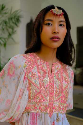 Buy Aangan By Parul Pink Silk, Chiffon Round Neck Siena Printed Kurta And Pant Set Buy_Aangan By Parul_Pink Silk, Chiffon Round Neck Siena Printed Kurta And Pant Set