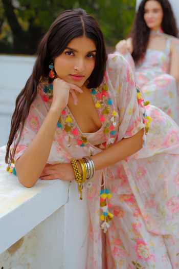 Shop Aangan By Parul Pink Silk, Chiffon V-neck Seraphine Drift Kaftan And Pant Set Online at Aza Fashions Shop_Aangan By Parul_Pink Silk, Chiffon V-neck Seraphine Drift Kaftan And Pant Set _Online_at_Aza_Fashions