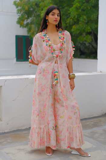 Aangan By Parul Pink Silk, Chiffon V-neck Seraphine Drift Kaftan And Pant Set at Aza Fashions Aangan By Parul_Pink Silk, Chiffon V-neck Seraphine Drift Kaftan And Pant Set _at_Aza_Fashions