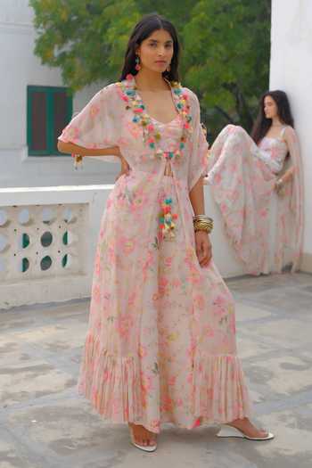 Buy Aangan By Parul Pink Silk, Chiffon V-neck Seraphine Drift Kaftan And Pant Set Buy_Aangan By Parul_Pink Silk, Chiffon V-neck Seraphine Drift Kaftan And Pant Set