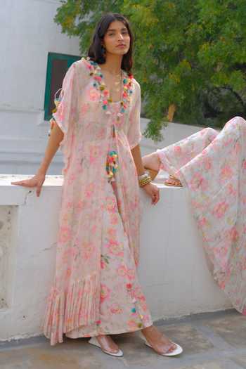 Shop Aangan By Parul Pink Silk, Chiffon V-neck Seraphine Drift Kaftan And Pant Set Shop_Aangan By Parul_Pink Silk, Chiffon V-neck Seraphine Drift Kaftan And Pant Set