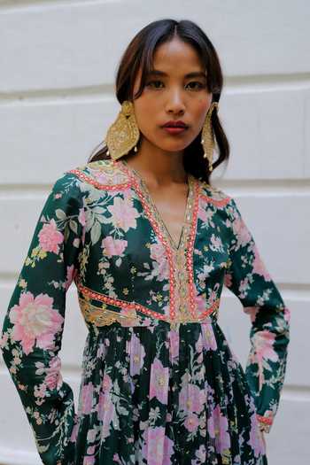 Shop Aangan By Parul Green Silk, Chiffon V-neck Maison Lumiere Printed Anarkali And Pant Set Online at Aza Fashions Shop_Aangan By Parul_Green Silk, Chiffon V-neck Maison Lumiere Printed Anarkali And Pant Set _Online_at_Aza_Fashions