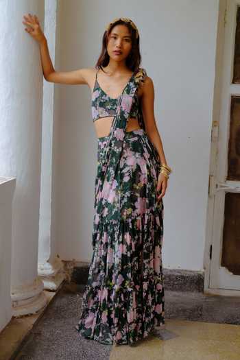 Buy Aangan By Parul Green Silk, Chiffon V-neck Sylvie Mirage Printed Pre-draped Saree With Blouse Online at Aza Fashions Buy_Aangan By Parul_Green Silk, Chiffon V-neck Sylvie Mirage Printed Pre-draped Saree With Blouse _Online_at_Aza_Fashions