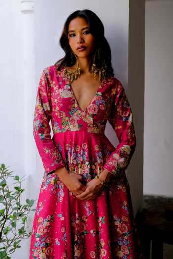 Buy Aangan By Parul Pink Silk, Chiffon Plunge Neck Vienna Glow Embroidered Anarkali And Pant Set Online at Aza Fashions Buy_Aangan By Parul_Pink Silk, Chiffon Plunge Neck Vienna Glow Embroidered Anarkali And Pant Set _Online_at_Aza_Fashions