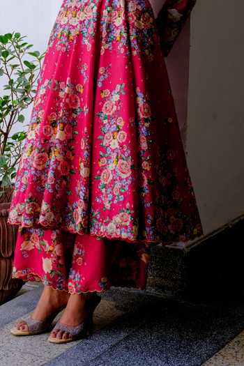 Shop Aangan By Parul Pink Silk, Chiffon Plunge Neck Vienna Glow Embroidered Anarkali And Pant Set Online at Aza Fashions Shop_Aangan By Parul_Pink Silk, Chiffon Plunge Neck Vienna Glow Embroidered Anarkali And Pant Set _Online_at_Aza_Fashions