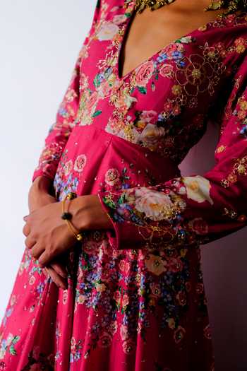 Aangan By Parul Pink Silk, Chiffon Plunge Neck Vienna Glow Embroidered Anarkali And Pant Set at Aza Fashions Aangan By Parul_Pink Silk, Chiffon Plunge Neck Vienna Glow Embroidered Anarkali And Pant Set _at_Aza_Fashions