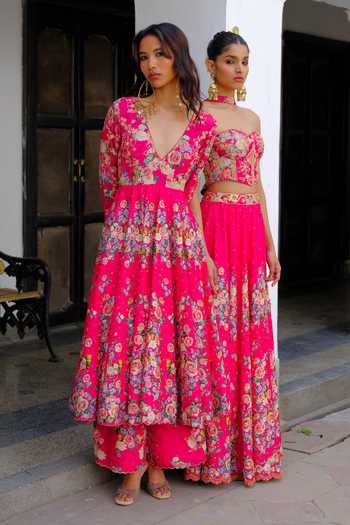 Buy Aangan By Parul Pink Silk, Chiffon Plunge Neck Vienna Glow Embroidered Anarkali And Pant Set Buy_Aangan By Parul_Pink Silk, Chiffon Plunge Neck Vienna Glow Embroidered Anarkali And Pant Set