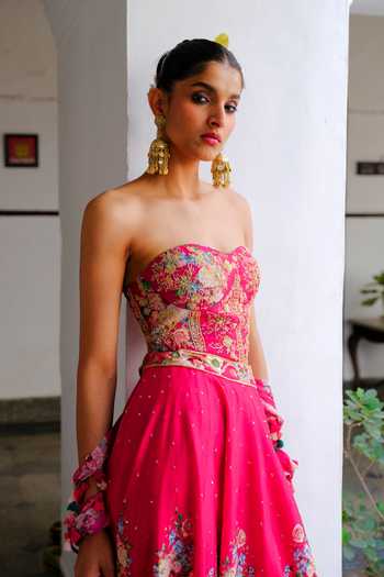 Buy Aangan By Parul Pink Silk, Chiffon Sweetheart Neck Fleur Embroidered Lehenga And Blouse Set Online at Aza Fashions Buy_Aangan By Parul_Pink Silk, Chiffon Sweetheart Neck Fleur Embroidered Lehenga And Blouse Set _Online_at_Aza_Fashions