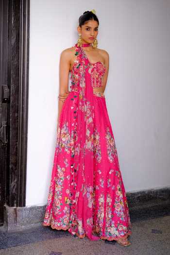 Aangan By Parul Pink Silk, Chiffon Sweetheart Neck Fleur Embroidered Lehenga And Blouse Set at Aza Fashions Aangan By Parul_Pink Silk, Chiffon Sweetheart Neck Fleur Embroidered Lehenga And Blouse Set _at_Aza_Fashions
