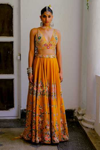 Buy Aangan By Parul Yellow Silk V-neck Odette Embroidered Lehenga And Blouse Set Buy_Aangan By Parul_Yellow Silk V-neck Odette Embroidered Lehenga And Blouse Set
