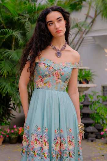 Buy_Aangan By Parul_Sky Blue Silk Embroidery Off-shoulder Elysian Gown _Online_at_Aza_Fashions