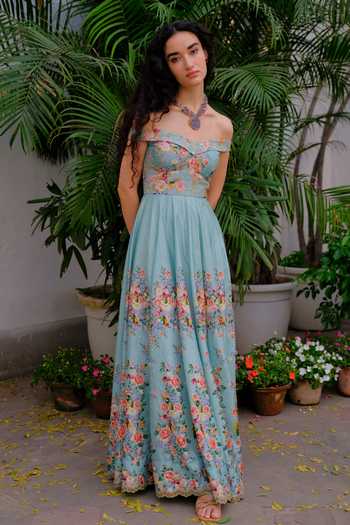 Shop_Aangan By Parul_Sky Blue Silk Embroidery Off-shoulder Elysian Gown _Online_at_Aza_Fashions