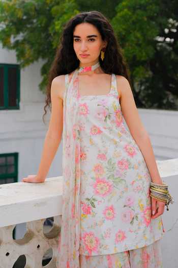 Buy_Aangan By Parul_Pink Silk, Chiffon Square Neck Rococo Printed Kurta And Sharara Set _Online_at_Aza_Fashions