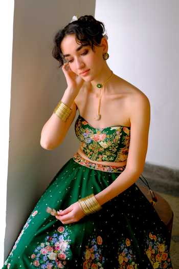 Aangan By Parul Green Silk Bandeau Neck Elodie Royale Embroidered Lehenga And Blouse Set at Aza Fashions Aangan By Parul_Green Silk Bandeau Neck Elodie Royale Embroidered Lehenga And Blouse Set _at_Aza_Fashions