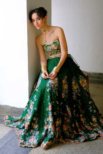 Buy Aangan By Parul Green Silk Bandeau Neck Elodie Royale Embroidered Lehenga And Blouse Set Buy_Aangan By Parul_Green Silk Bandeau Neck Elodie Royale Embroidered Lehenga And Blouse Set