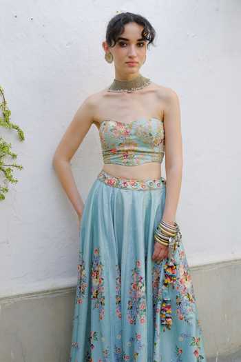Aangan By Parul Blue Silk Sweetheart Neck Emeraude Royale Printed Lehenga And Blouse Set Online at Aza Fashions Aangan By Parul_Blue Silk Sweetheart Neck Emeraude Royale Printed Lehenga And Blouse Set _Online_at_Aza_Fashions
