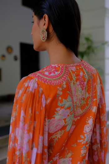 Aangan By Parul Orange Silk V-neck, Yes Estelle Poise Printed Kurta And Pant Set Online at Aza Fashions Aangan By Parul_Orange Silk V-neck, Yes Estelle Poise Printed Kurta And Pant Set _Online_at_Aza_Fashions