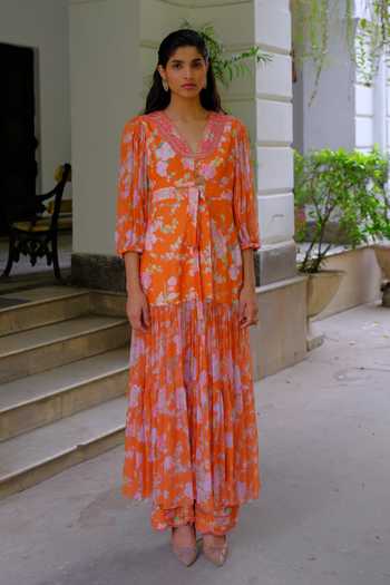 Buy Aangan By Parul Orange Silk V-neck, Yes Estelle Poise Printed Kurta And Pant Set Online at Aza Fashions Buy_Aangan By Parul_Orange Silk V-neck, Yes Estelle Poise Printed Kurta And Pant Set _Online_at_Aza_Fashions