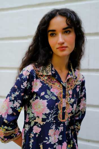 Buy Aangan By Parul Blue Silk Collared Neck Nocturne Printed Kurta And Pant Set Online at Aza Fashions Buy_Aangan By Parul_Blue Silk Collared Neck Nocturne Printed Kurta And Pant Set _Online_at_Aza_Fashions