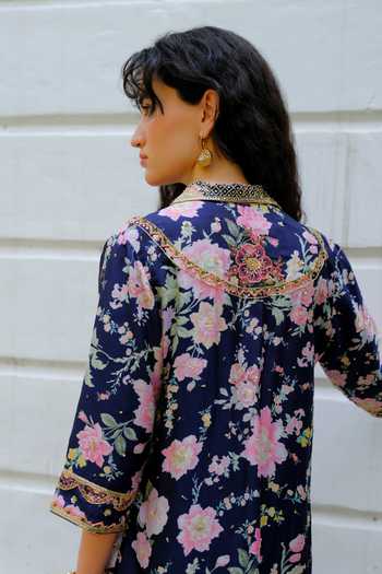 Shop Aangan By Parul Blue Silk Collared Neck Nocturne Printed Kurta And Pant Set Online at Aza Fashions Shop_Aangan By Parul_Blue Silk Collared Neck Nocturne Printed Kurta And Pant Set _Online_at_Aza_Fashions
