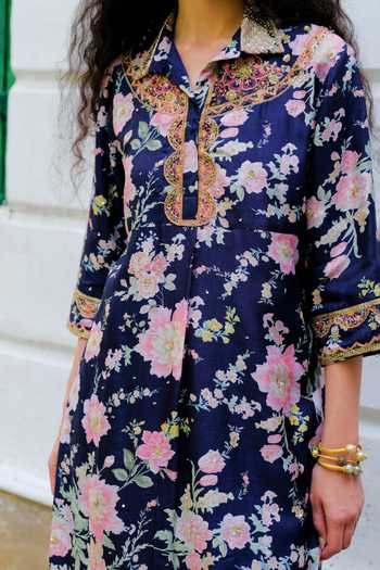 Aangan By Parul Blue Silk Collared Neck Nocturne Printed Kurta And Pant Set at Aza Fashions Aangan By Parul_Blue Silk Collared Neck Nocturne Printed Kurta And Pant Set _at_Aza_Fashions