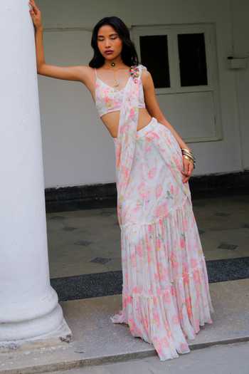Shop Aangan By Parul Pink Silk, Chiffon V-neck Eleanor Floral Print Pre-draped Saree With Blouse Online at Aza Fashions Shop_Aangan By Parul_Pink Silk, Chiffon V-neck Eleanor Floral Print Pre-draped Saree With Blouse _Online_at_Aza_Fashions