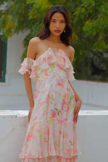 Shop Aangan By Parul Pink Silk Ruffles Halter Neck, Off-shoulder Petal Grace Gown Online at Aza Fashions Shop_Aangan By Parul_Pink Silk Ruffles Halter Neck, Off-shoulder Petal Grace Gown _Online_at_Aza_Fashions