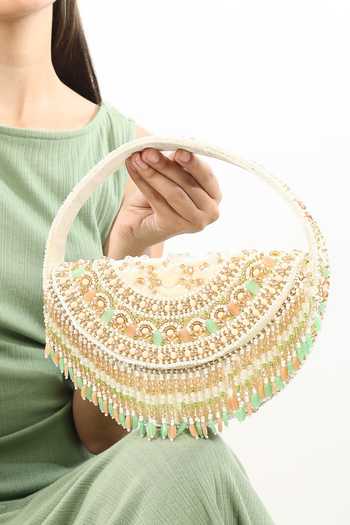 House of Webhin_White Anaya Pearl Half Moon Bag _at_Aza_Fashions