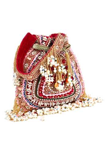 House of Webhin Pink Embroidery, Beads, Pearls, Stones, Tassels, Fringe Zahra Velvet Potli at Aza Fashions House of Webhin_Pink Embroidery, Beads, Pearls, Stones, Tassels, Fringe Zahra Velvet Potli _at_Aza_Fashions