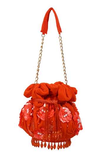 House of Webhin_Orange Sequins, Beads, Pearls, Tassels, Fabric Flowers Kumkum Embellished Potli _Online_at_Aza_Fashions