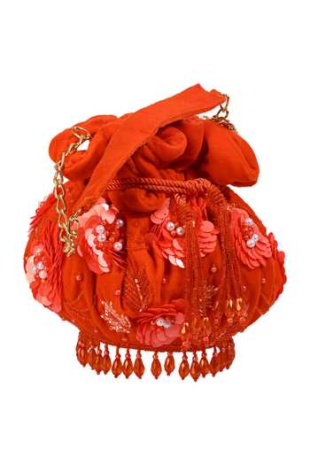Buy_House of Webhin_Orange Sequins, Beads, Pearls, Tassels, Fabric Flowers Kumkum Embellished Potli 