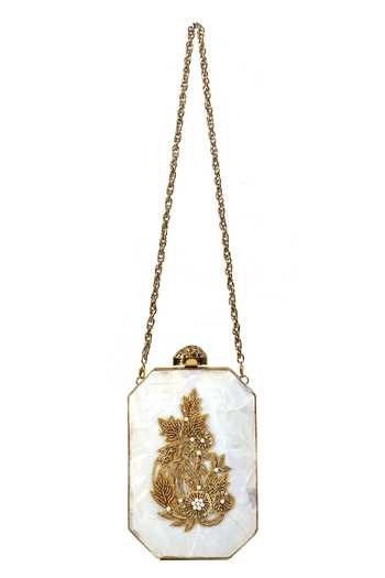 House of Webhin_White Tara Mother Of Pearl Embellished Clutch _Online_at_Aza_Fashions