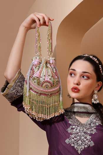 House of Webhin_White Beads, Pearls, Stones, Crystals, Tassels, Rhinestones Chaandni Potli _at_Aza_Fashions