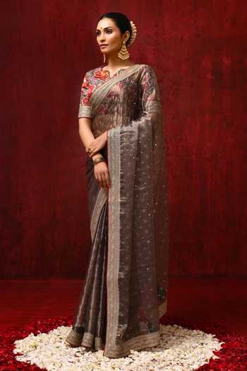 Buy_singhanias_Brown Tissue Saree With Running Blouse Fabric _Online_at_Aza_Fashions