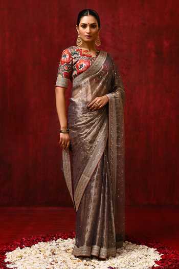Shop_singhanias_Brown Tissue Saree With Running Blouse Fabric _Online_at_Aza_Fashions
