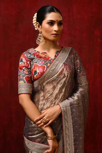 singhanias_Brown Tissue Saree With Running Blouse Fabric _at_Aza_Fashions
