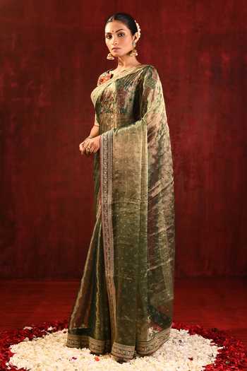 Buy_singhanias_Green Tissue Saree With Running Blouse Fabric _Online_at_Aza_Fashions