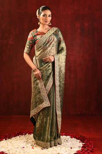 Shop_singhanias_Green Tissue Saree With Running Blouse Fabric _Online_at_Aza_Fashions
