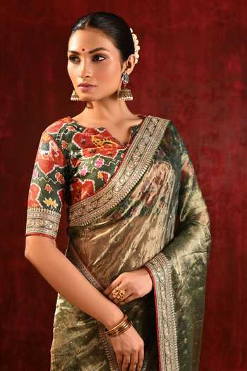 singhanias_Green Tissue Saree With Running Blouse Fabric _at_Aza_Fashions