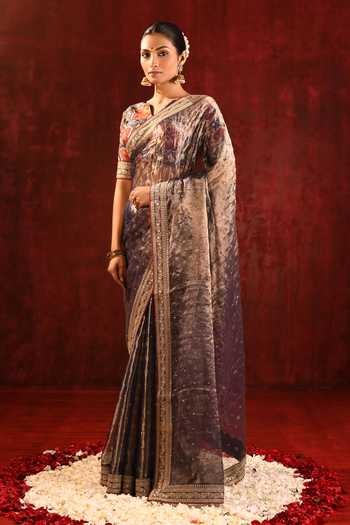 Buy_singhanias_Brown Tissue V-neck Saree With Running Blouse Fabric _Online_at_Aza_Fashions