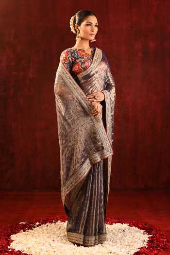 Shop_singhanias_Brown Tissue V-neck Saree With Running Blouse Fabric _Online_at_Aza_Fashions