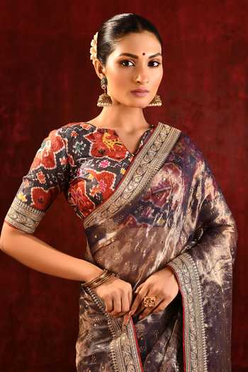 singhanias_Brown Tissue V-neck Saree With Running Blouse Fabric _at_Aza_Fashions